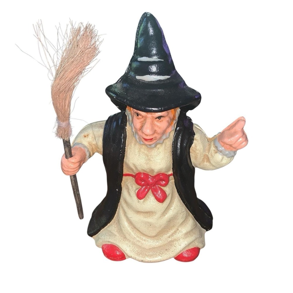 Vintage Cast Iron Bank Witch With Broom 7.5 " Whimsical Halloween Decor Rare
